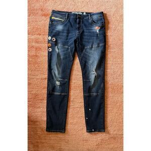 Dreamland Jeans Mens 38 Distressed Moto Patchwork Denim Lightning Star Detail